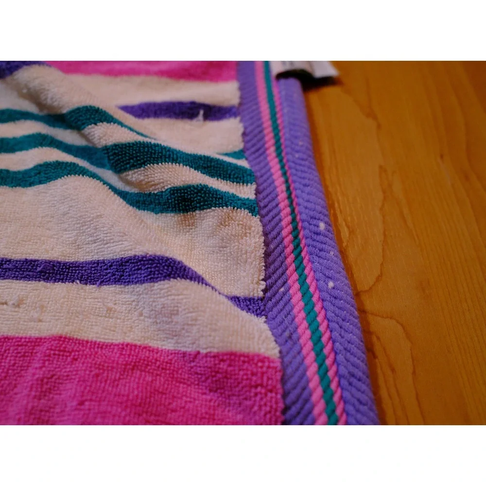 Tropical Escape Beach Towel Pink Purple Teal Striped Cotton Blend 56x28 Vintage